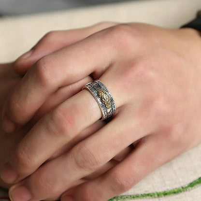 Buddhist Heart Sutra Engraved Pixiu Ring – Solid Silver Design