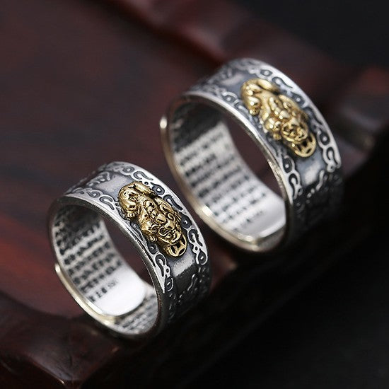 Real 99 Sterling Silver Pixiu Feng Shui Ring – Wealth, Luck & Protection | Heart Sutra Engraved