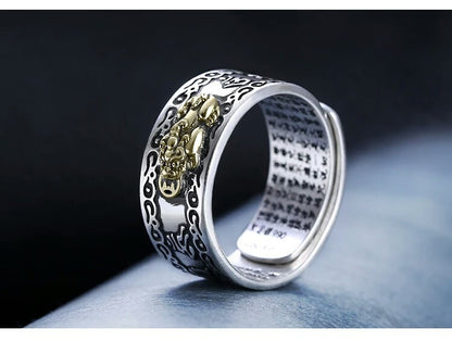 Pixiu Feng Shui Mani Mantra 99 Silver Ring - Wealth & Protection