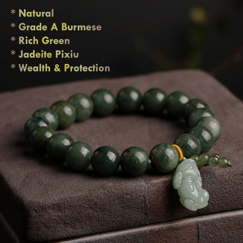 Natural Myanmar Grade A Jadeite Bracelet with Pixiu Charm for Wealth & Protection