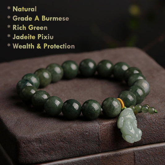Natural Myanmar Grade A Jadeite Bracelet with Pixiu Charm for Wealth & Protection