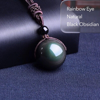 Feng Shui Rainbow Eye Black Obsidian Protection Necklace – 16mm Lucky Turn Pendant