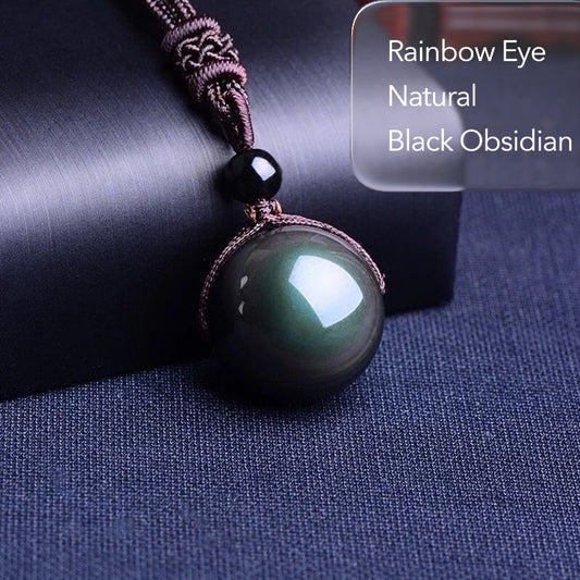 Feng Shui Rainbow Eye Black Obsidian Protection Necklace – 16mm Lucky Turn Pendant