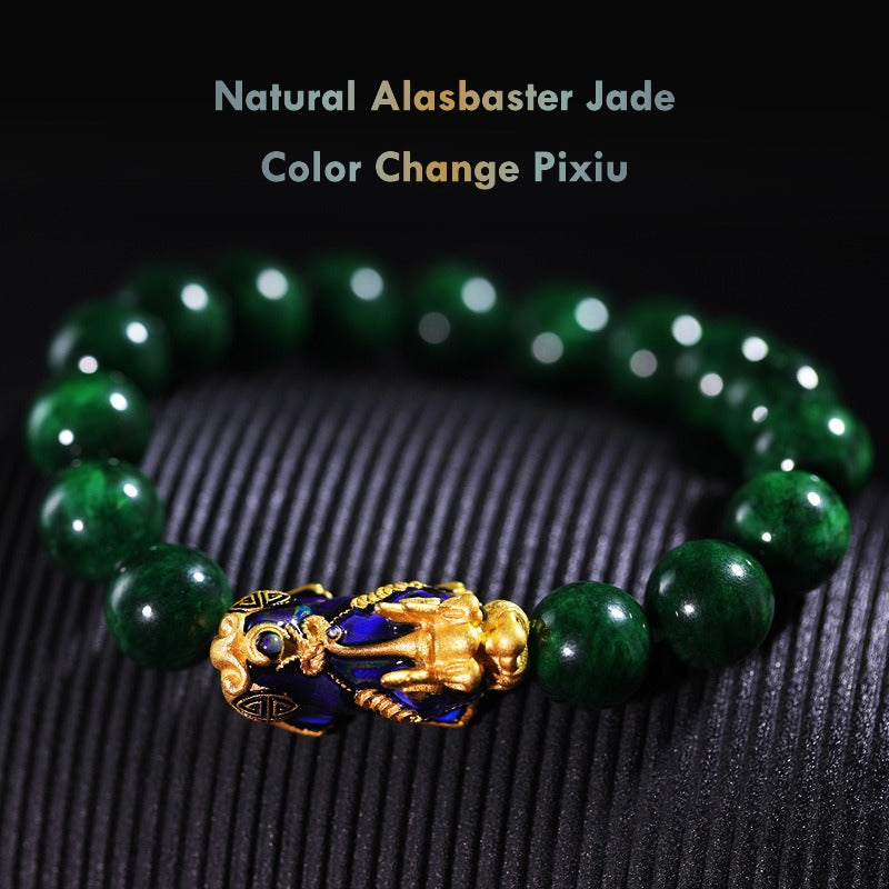 Color Change Pixiu Alabaster Jade Bracelet – 12mm natural jade beads