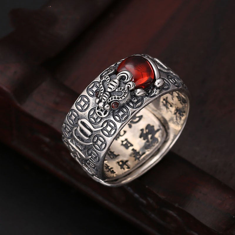 Sterling Silver S925 Mantra Red Garnet Pixiu Ring - Attracts Wealth and Positive Energy