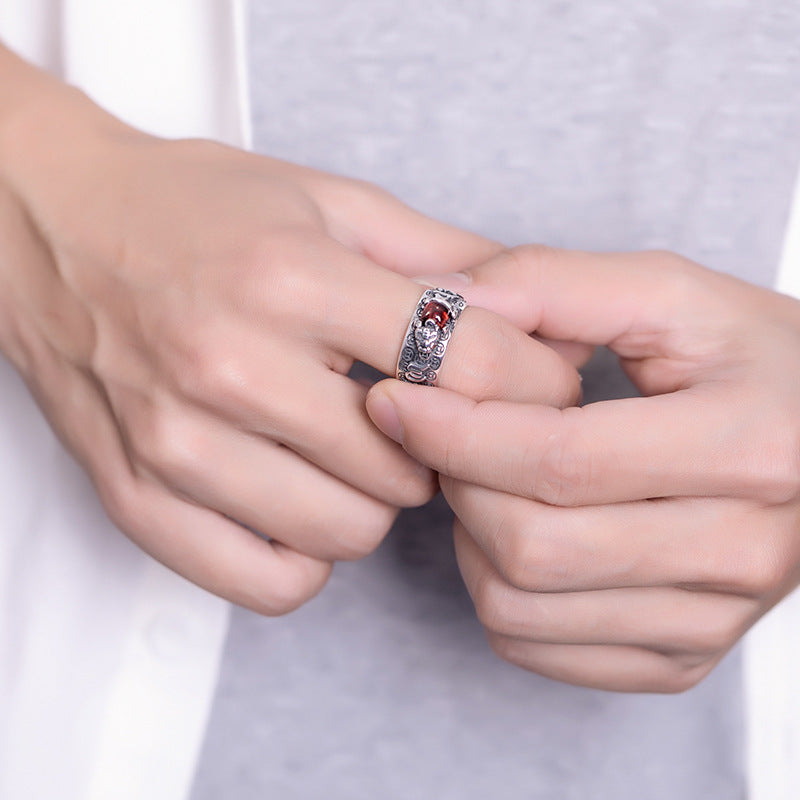 Sterling Silver S925 Mantra Red Garnet Pixiu Ring - Attracts Wealth and Positive Energy