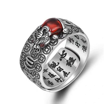 Sterling Silver S925 Mantra Red Garnet Pixiu Ring - Attracts Wealth and Positive Energy