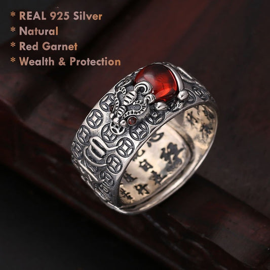 925 silver Pixiu red garnet feng shui ring for wealth and protection