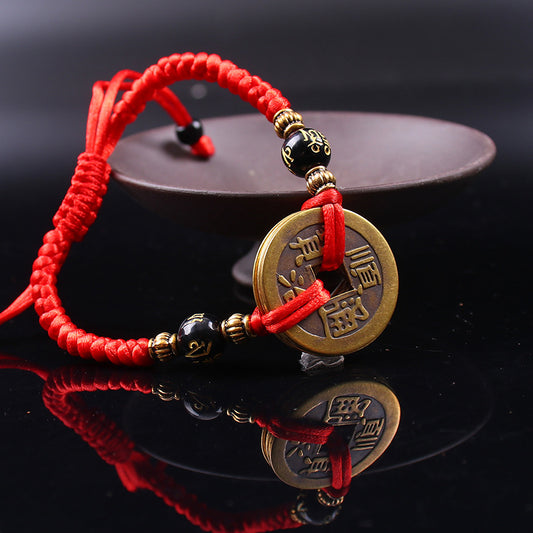 Feng Shui Red String Bracelet with Ancient Coin - Wealth & Good Luck Amulet