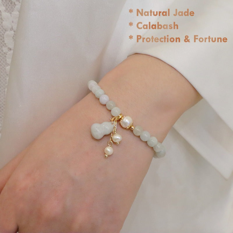 Natural Light Green Calabash Jadeite Jade Bracelet with Pearl – handmade protection charm