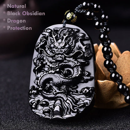 black obsidian dragon necklace men’s feng shui protection pendant