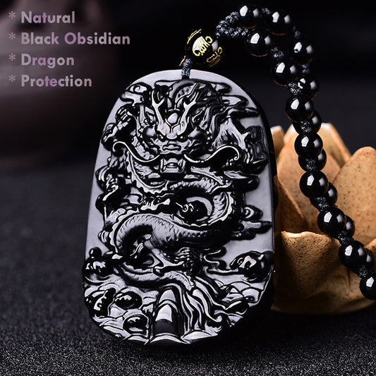 black obsidian dragon necklace men’s feng shui protection pendant