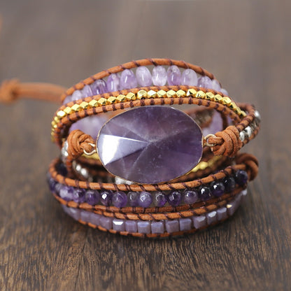 Amethyst Leather Bracelet - Handmade Healing Bracelet with Natural Crystals