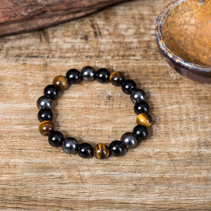 Handmade Triple Protection Bracelet: Tiger's Eye, Black Obsidian, and Hematite - Shield & Grounding