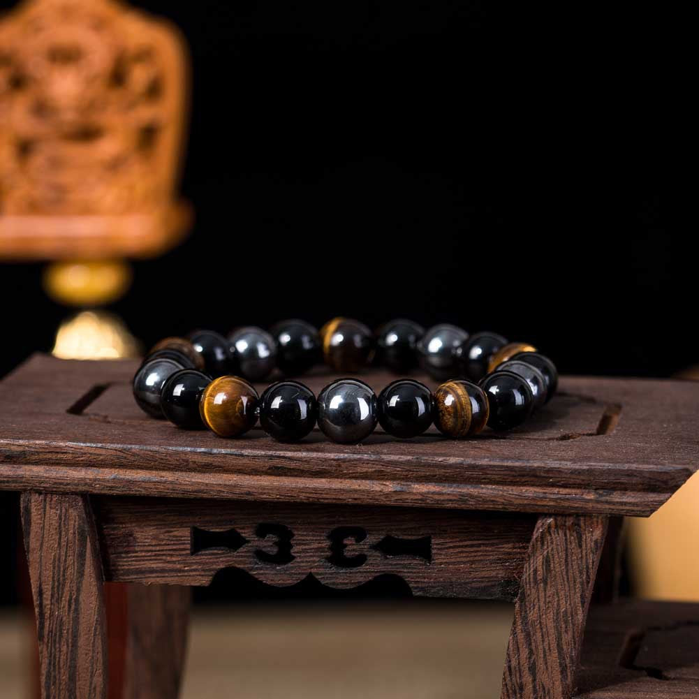 Handmade Triple Protection Bracelet: Tiger's Eye, Black Obsidian, and Hematite - Shield & Grounding