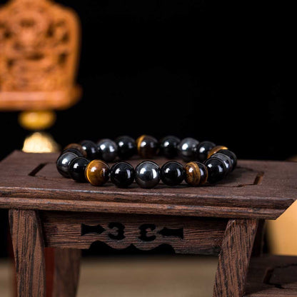 Handmade Triple Protection Bracelet: Tiger's Eye, Black Obsidian, and Hematite - Shield & Grounding