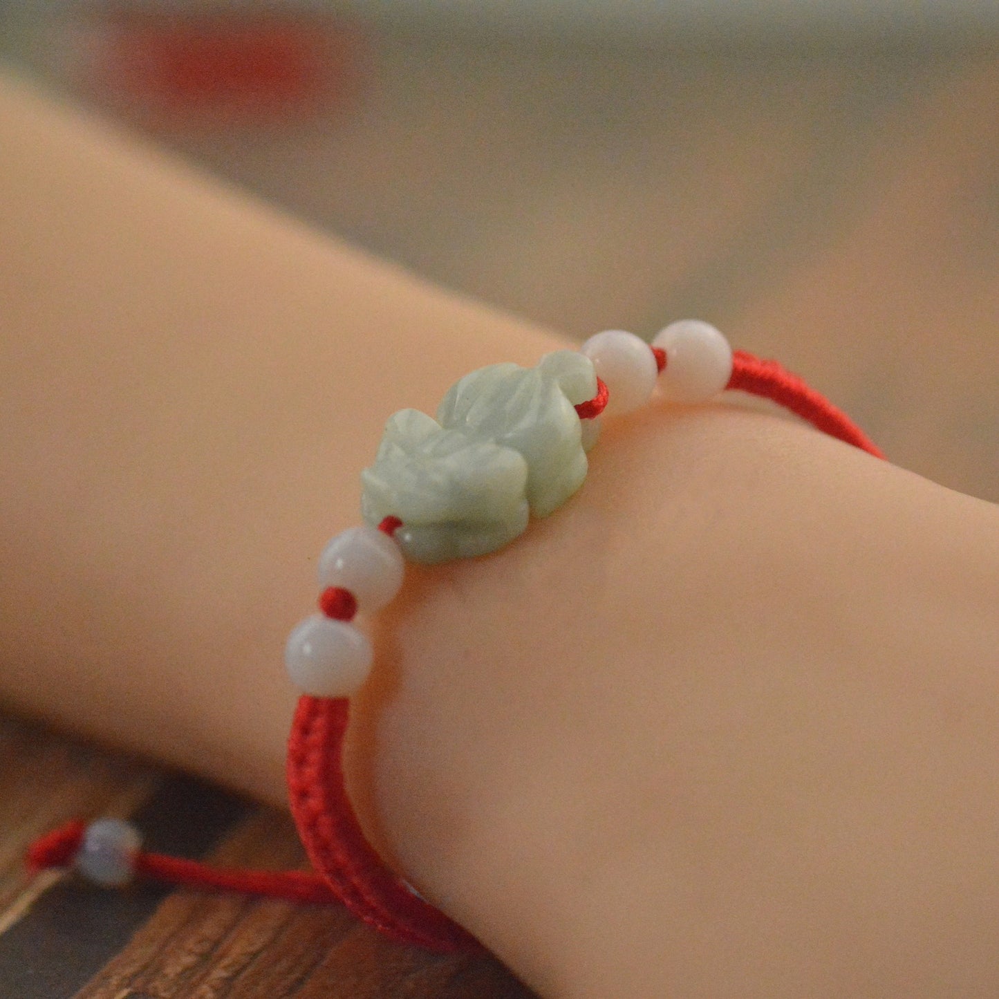 Handmade Natural Green Jade Red String Bracelet - Abundance & Good Luck