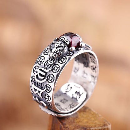 Sterling Silver S925 Mantra Red Garnet Pixiu Ring - Attracts Wealth and Positive Energy