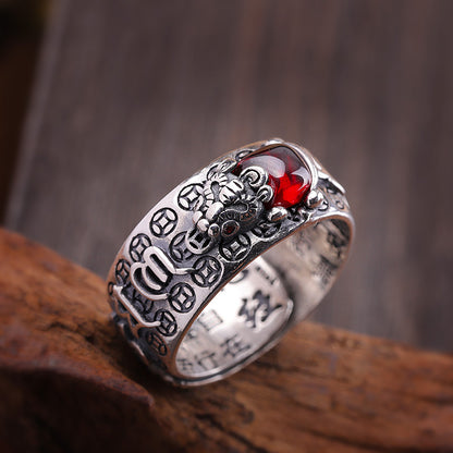 Sterling Silver S925 Mantra Red Garnet Pixiu Ring - Attracts Wealth and Positive Energy