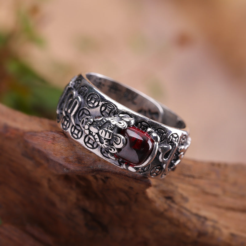 Sterling Silver S925 Mantra Red Garnet Pixiu Ring - Attracts Wealth and Positive Energy