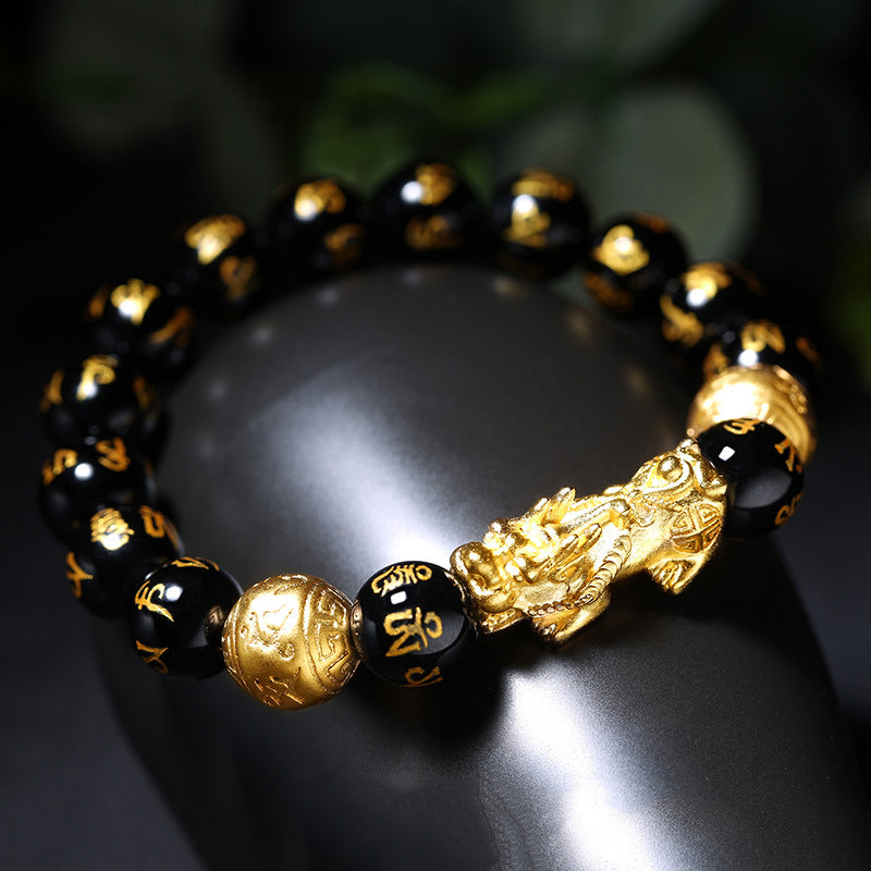 Black Obsidian Pixiu Bracelet with Mani mantra beads – Feng Shui amulet