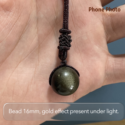 Lucky Turn Golden Black Obsidian Pendant Necklace – Natural 16mm Bead