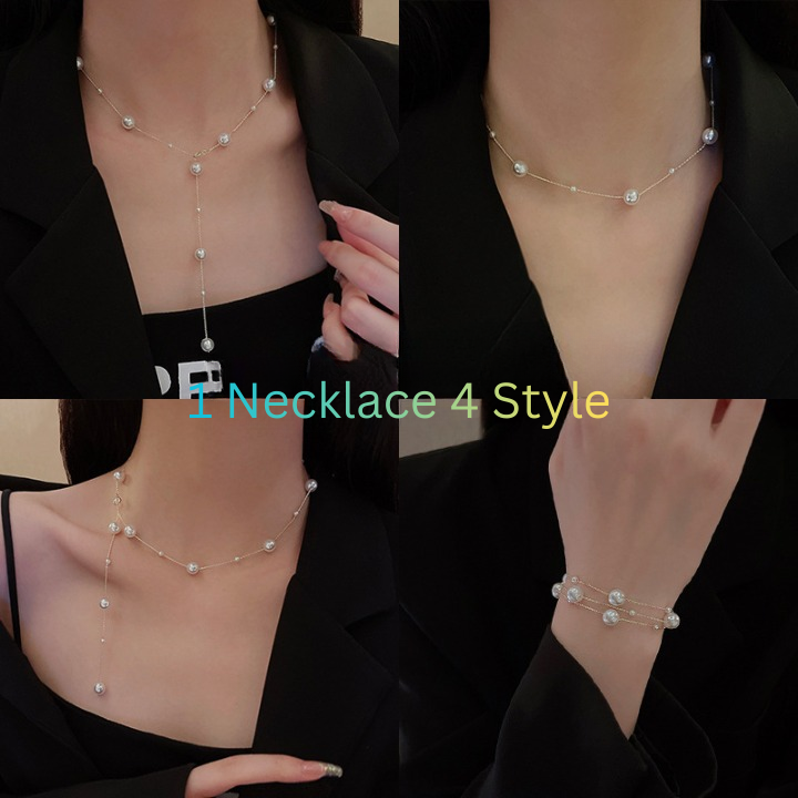 Long pearl necklace with 4mm and 8mm shell pearls – silver chain