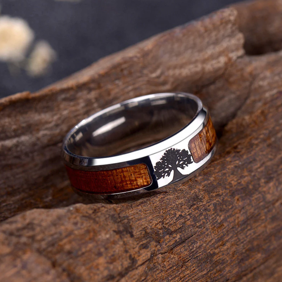 Wood Titanium Tree of Life Ring - Symbol of Growth, Stability & Longevity