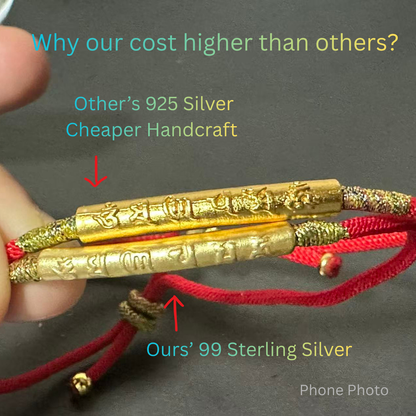 24K gold red string bracelet with 999 silver mantra charm – protection and good luck jewelry