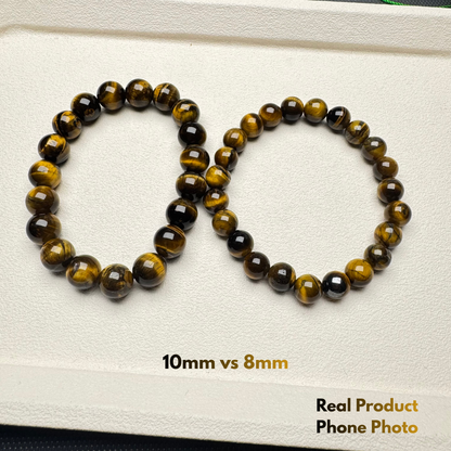 5A grade natural Tiger Eye bracelet 10mm vs 8mm beads flat lay compare