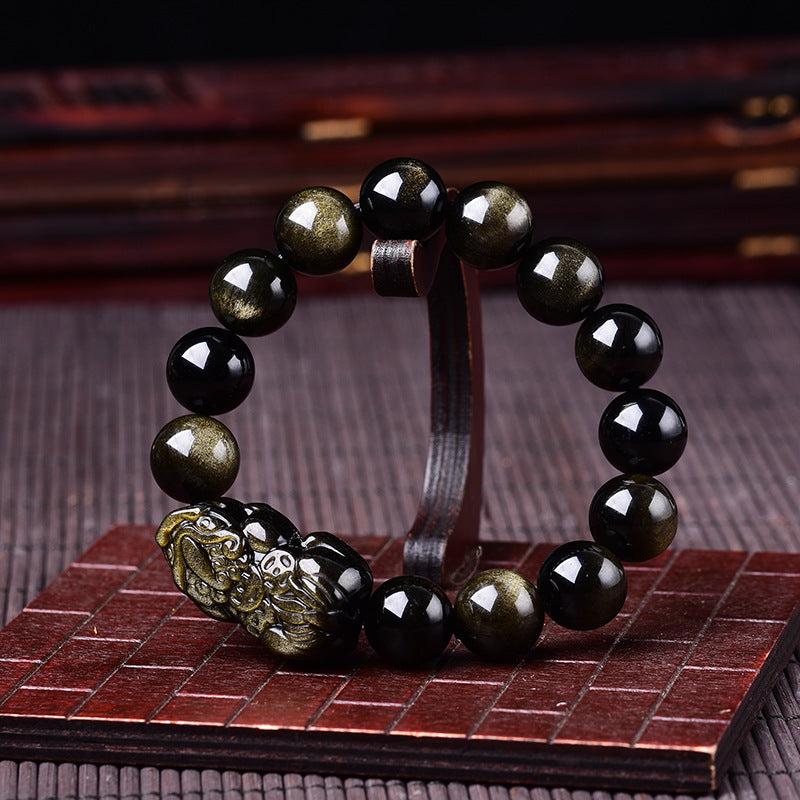 Natural Gold Obsidian Pixiu Wealth Bracelet – Protection & Abundance Energy