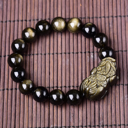 Natural Gold Obsidian Pixiu Wealth Bracelet – Protection & Abundance Energy