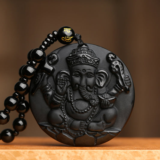 Black Obsidian Ganesha Elephant Necklace - Wisdom & Protection