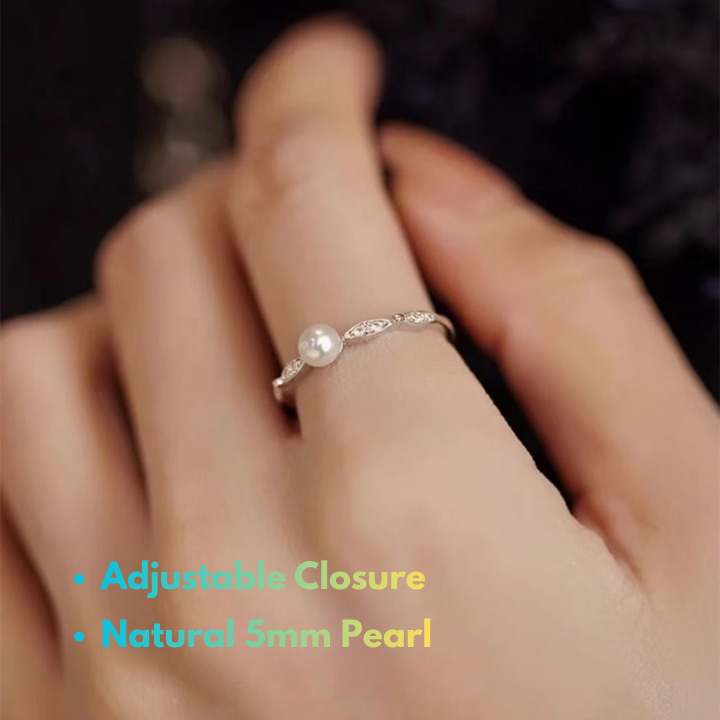 real 5mm pearl ring in sterling silver adjustable band