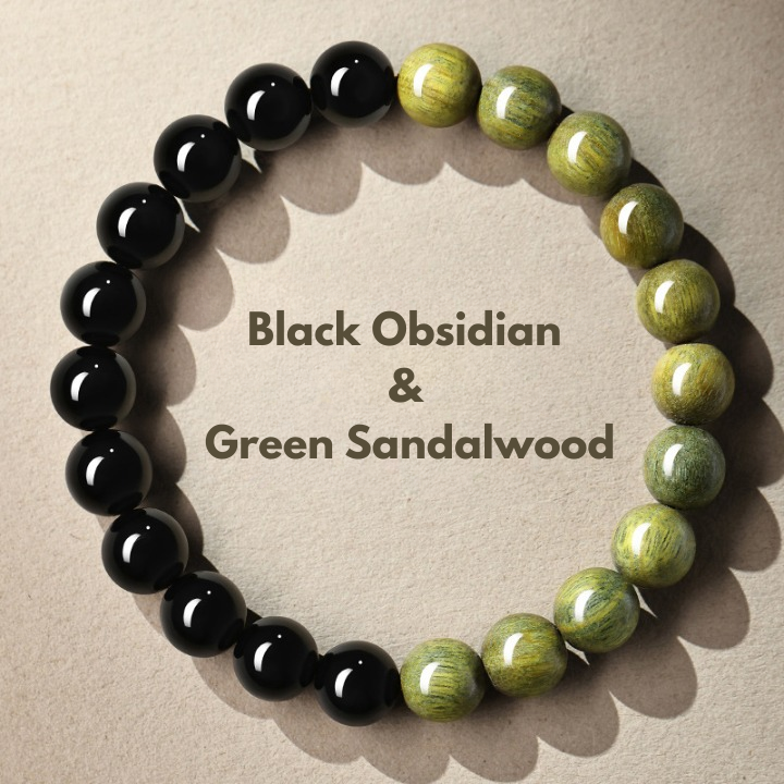 Black Obsidian and Green Sandalwood Bracelet with natural 8mm beads and balanced half-and-half two-section design