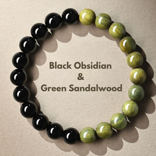 Black Obsidian and Green Sandalwood Bracelet with natural 8mm beads and balanced half-and-half two-section design