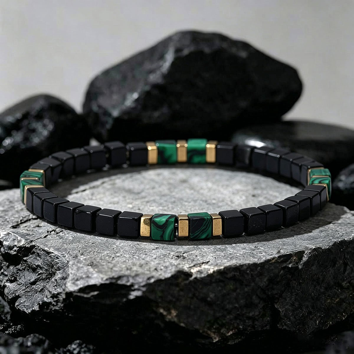 Natural Black Obsidian Bracelet with Green Malachite Cube Beads