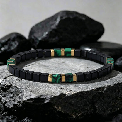 Natural Black Obsidian Bracelet with Green Malachite Cube Beads
