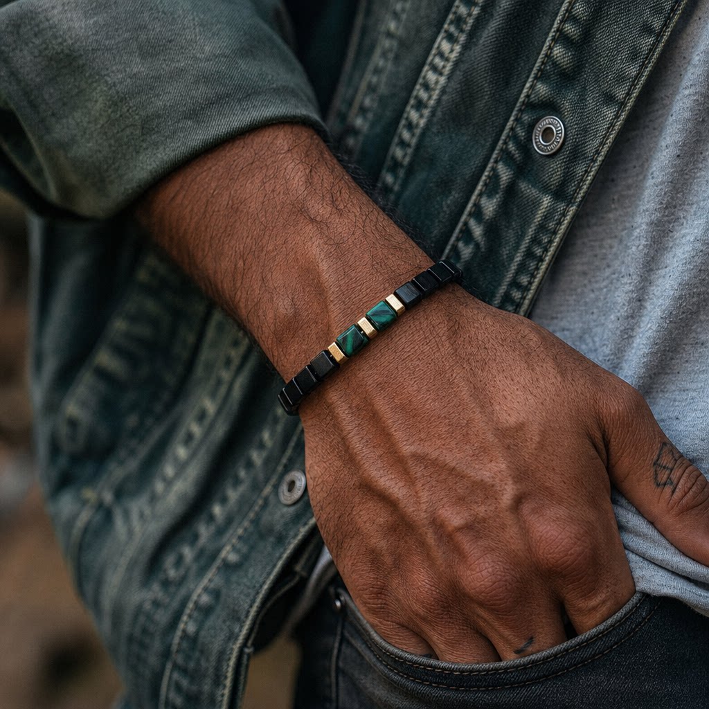 Man Wearing Black Obsidian and Malachite Bracelet on Wrist