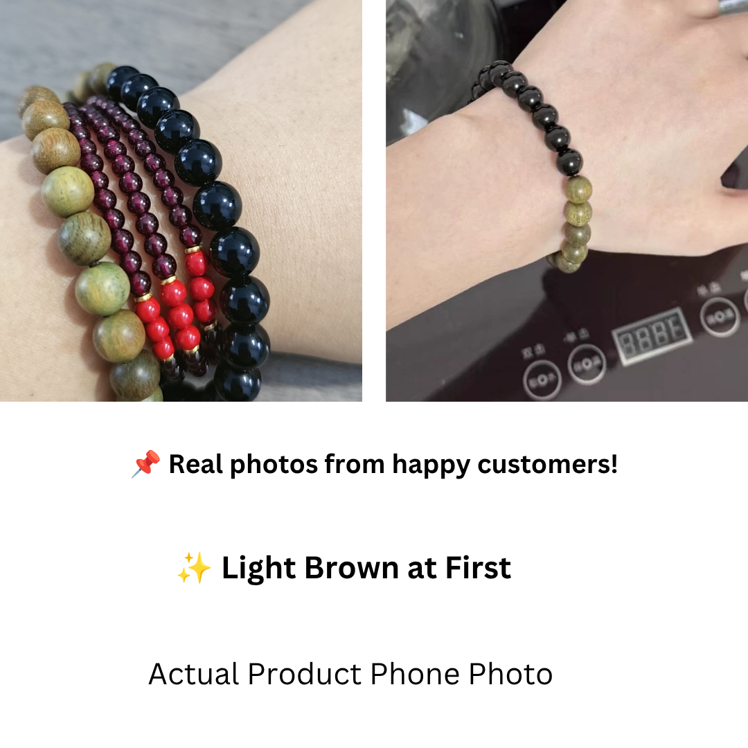 Black Obsidian and Green Sandalwood Bracelet worn on a women’s wrist with natural minimalist jewelry styling