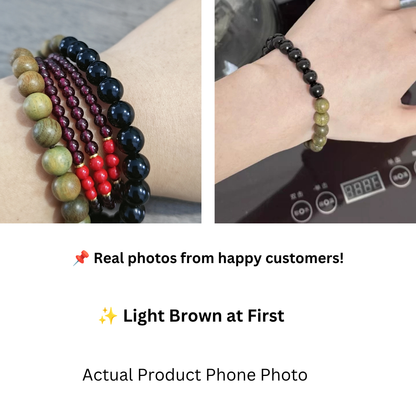 Black Obsidian and Green Sandalwood Bracelet worn on a women’s wrist with natural minimalist jewelry styling