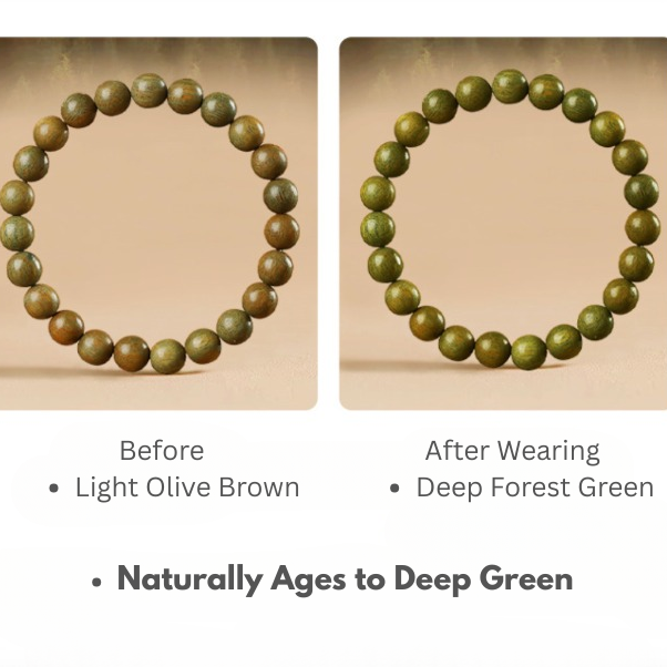 Naturally oxidized green sandalwood beads with deeper green tone on Black Obsidian and Green Sandalwood Bracelet