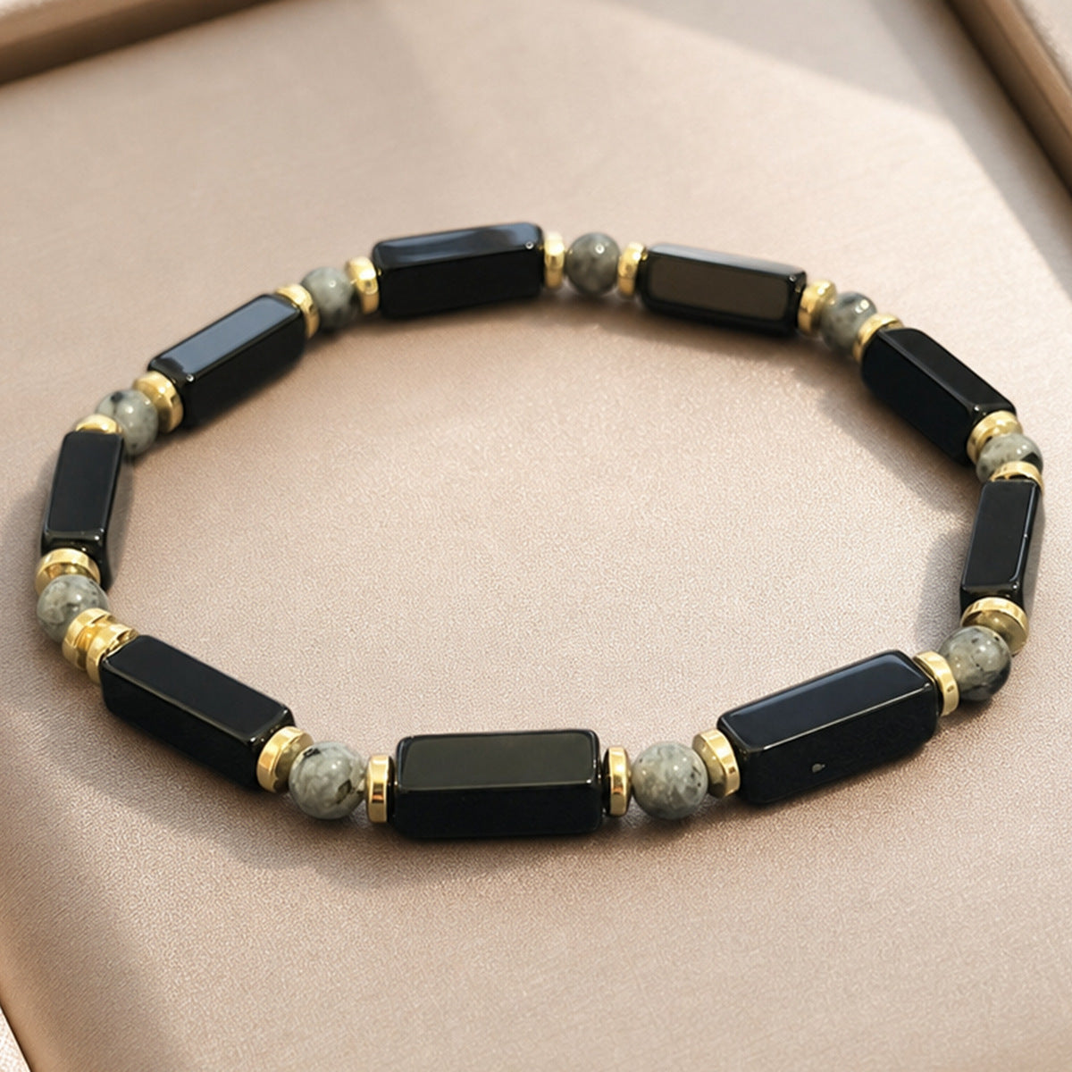 Natural Black Agate Bracelet with Larvikite Beads