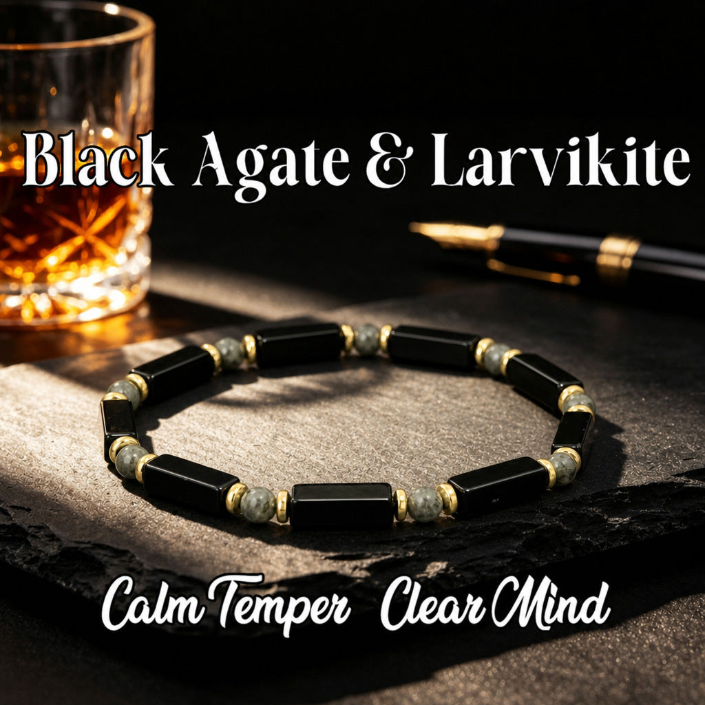 Black Agate and Larvikite Bracelet for Men