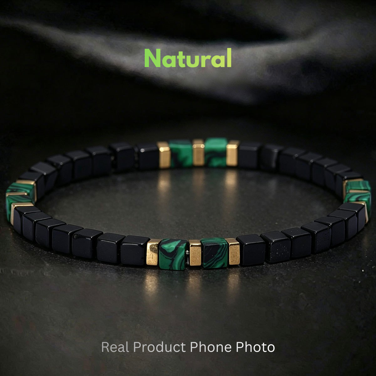 Natural Gemstone Bracelet for Men Featuring Obsidian and Malachite