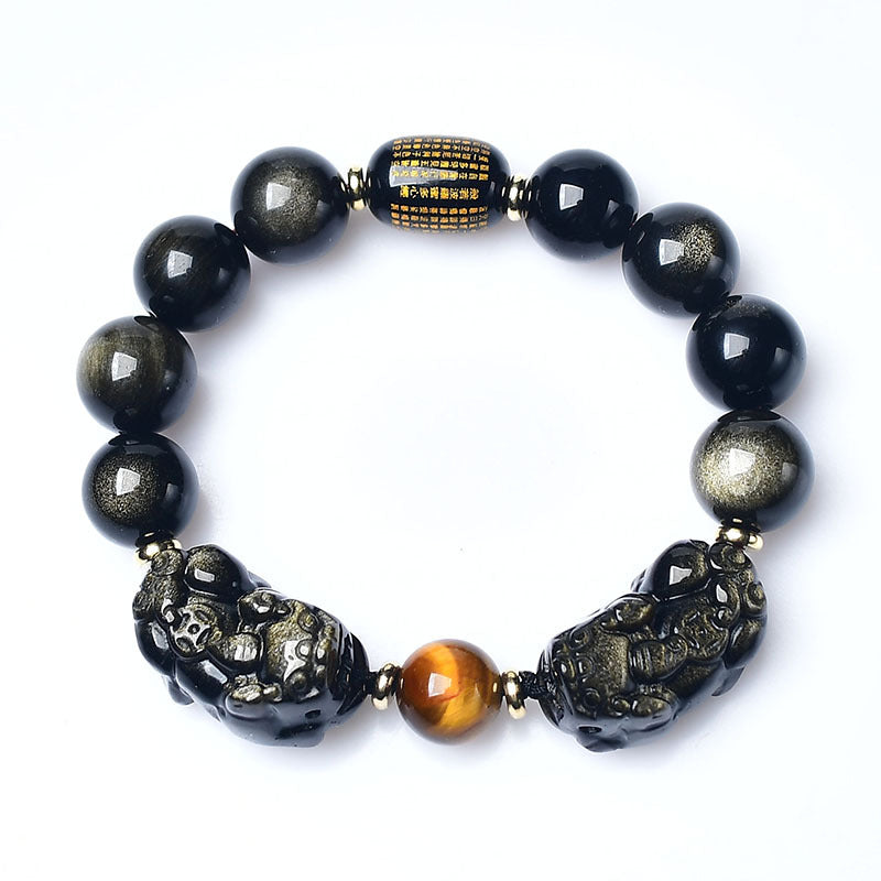 Natural Golden Obsidian gemstone beads with Double Pixiu charms