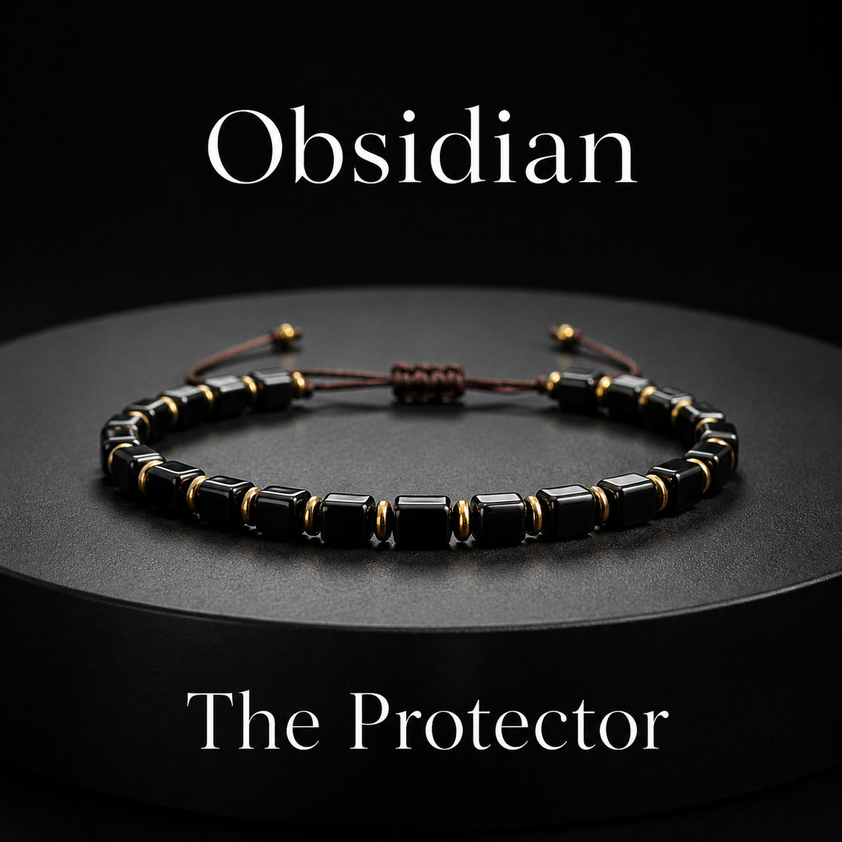 Natural black obsidian adjustable bracelet with square cube beads and gold accents