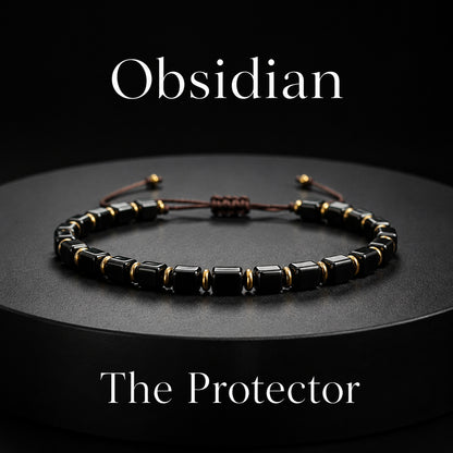 Natural black obsidian adjustable bracelet with square cube beads and gold accents