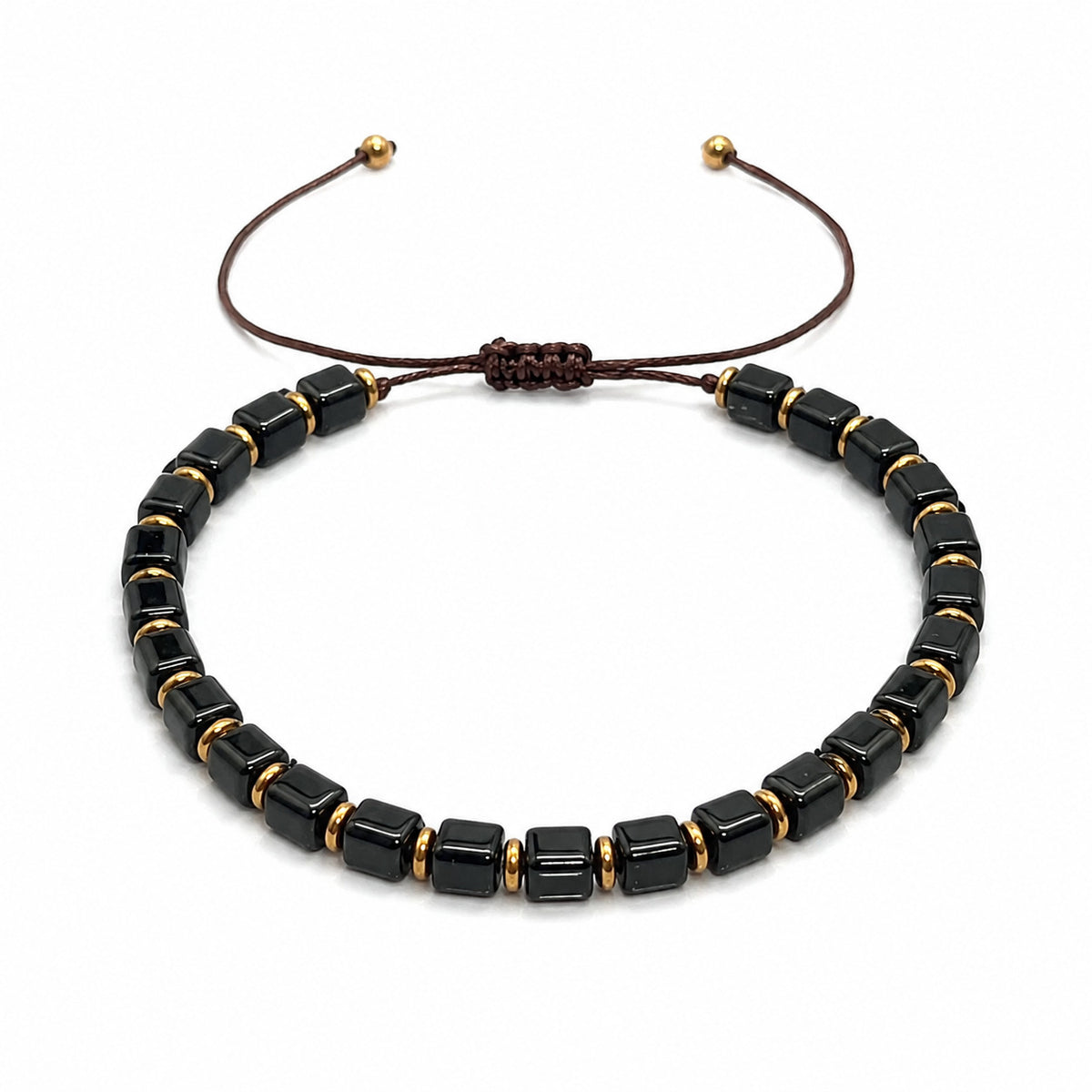 Black obsidian bracelet for men featuring square cube bead design on a white background