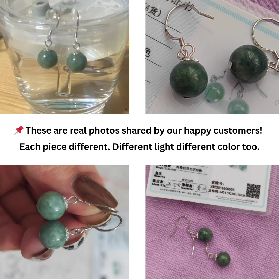 Certified Grade A Jadeite Bead Earrings – Natural 10mm Jade Round with 925 Sterling Silver